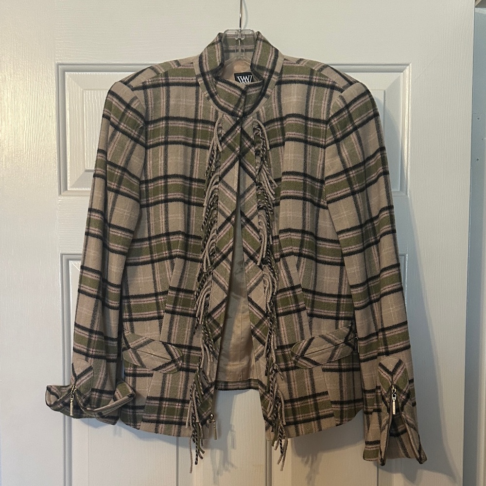 Worth Plaid Blazer with Fringe Details